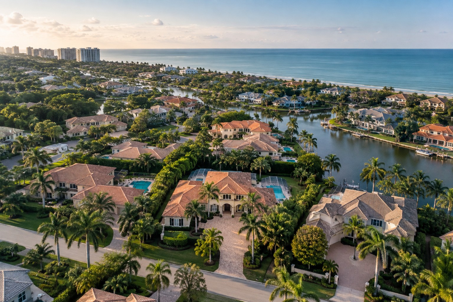 An aerial view of a Naples Florida neighborhood near the Gulf